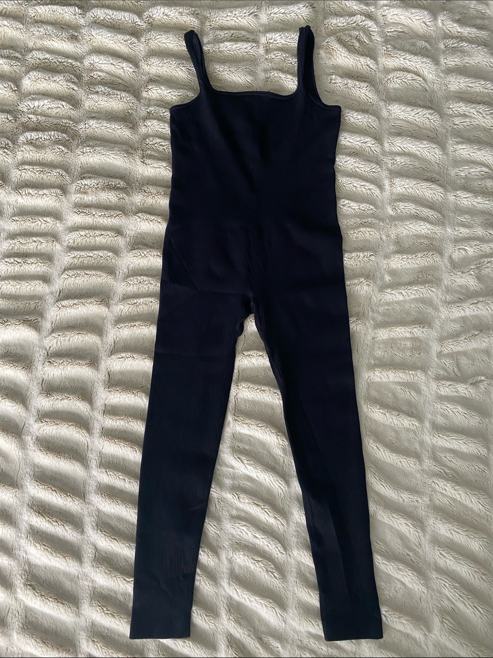 Beautiful  Black  Sleek Stretchable Ribbed Square-Neck Jumpsuit. Barely worn!